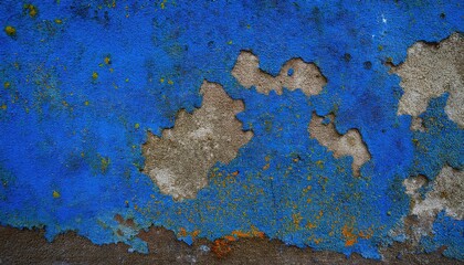 Poster - decayed blue painted wall with peeling texture and exposed rough concrete, urban grunge background for artistic design

