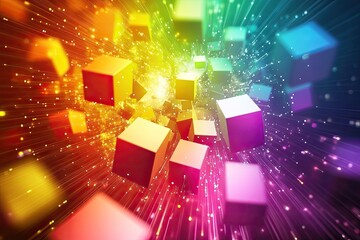 Poster - Colorful cubes explode in rainbow light; energy burst background