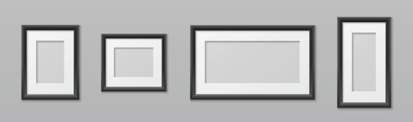 Poster - Picture frame mockups with black borders of various sizes and proportions - horizontal and vertical rectangular, square. Empty photo templates on gray wall for portfolio or gallery presentations.