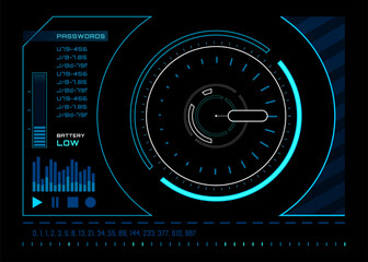 Poster - futuristic heads up display with a circular interface, displaying passwords, low battery warning and