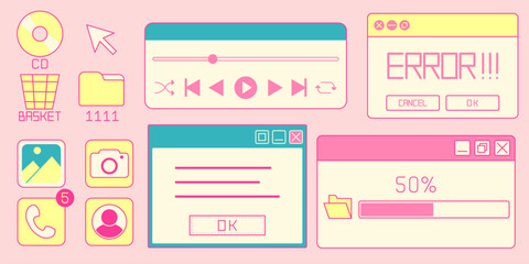 Poster - Retro internet window elements - pink and yellow computer interface with CD icon, folder, basket, media player controls, notification badges, profile menu, error message, loading progress bar.