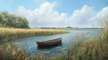 Naklejka na meble A peaceful boat rests on a calm lake surrounded by reeds