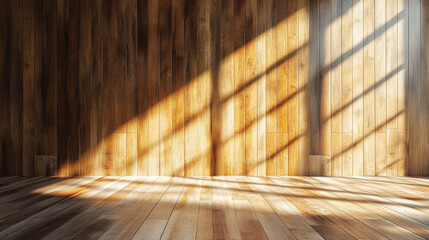 Wall Mural - Sunlight filters into a room with wood paneled walls and floor, creating a warm and inviting atmosphere with dynamic light and shadow play.