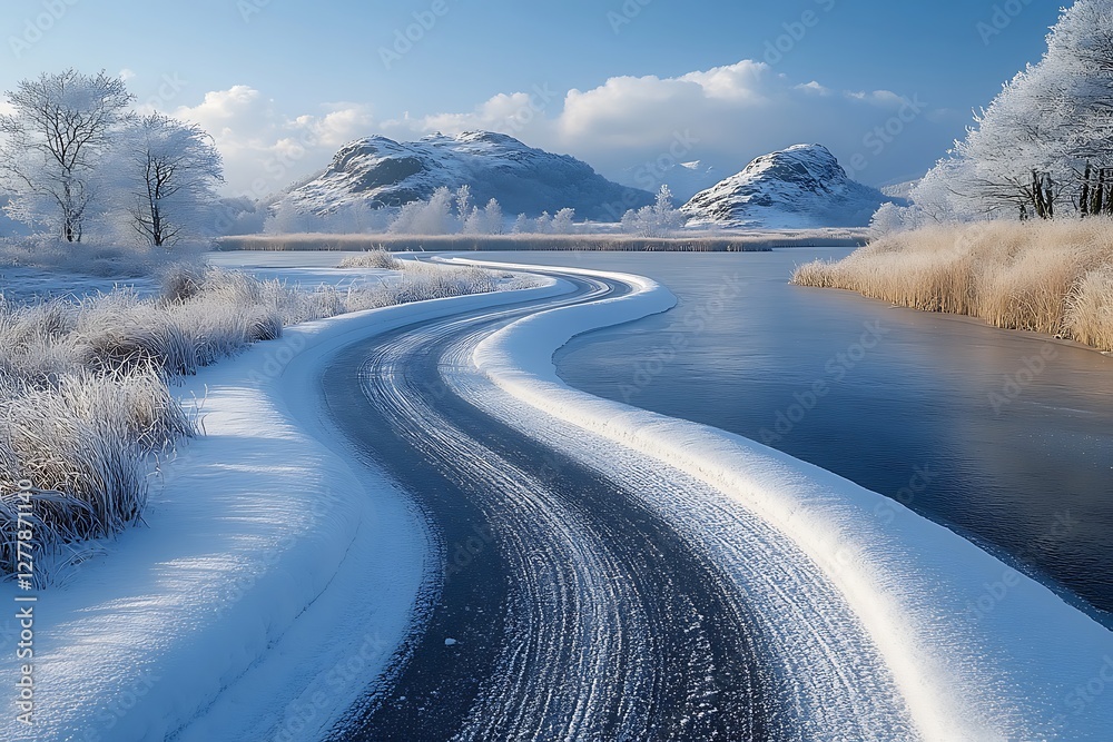 Serene winter landscape featuring a winding icy river bordered by ...