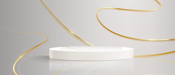 Poster - Gold wavy lines around minimalist white round podium on light gray background. Flowing metallic ribbons with cylinder platform - elegant composition for product presentation or luxury display mockup.