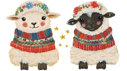 Canvas Print - Two Adorable Lambs in Festive Winter Outfits.