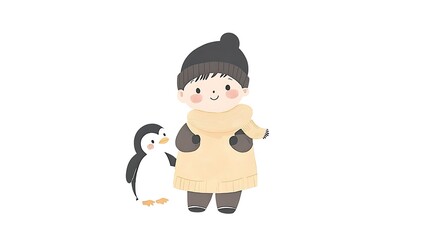 Canvas Print - Cute Cartoon Boy and Penguin in Winter Outfit.