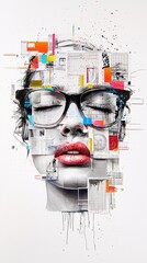 Poster - A surreal mixed media painting featuring a human face emerging from a collage of vintage photographs, watercolor splashes, and digital glitch effects. The dreamlike composition blends realism with