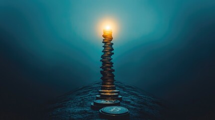 Poster - Stacked Coins Illuminated by Light in a Mysterious Atmosphere
