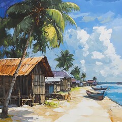 Wall Mural - Tropical Village Seascape - Impressionist Painting of Coastal Houses, Palm Trees, and Boats.