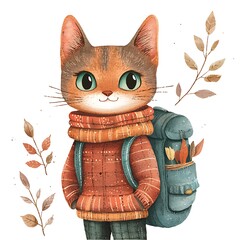 Wall Mural - Cute Cat Traveler with Backpack and Autumn Leaves - Watercolor Illustration.