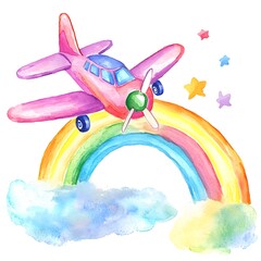 Canvas Print - Watercolor illustration of a pink airplane flying over a rainbow and clouds.