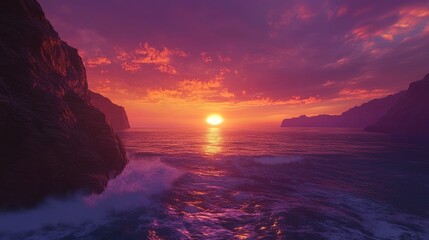 Wall Mural - Mesmerizing coastal sunset over tranquil ocean with vibrant sky and rugged cliffs
