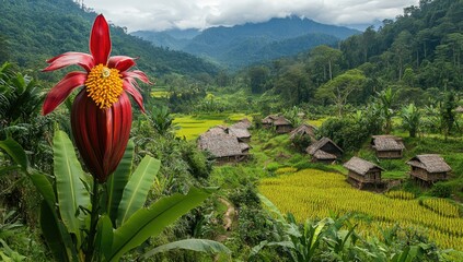 Red flower, valley, rice paddies, villages