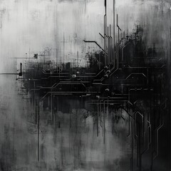 Fototapete - Abstract Monochrome Circuitry: A High-Tech Grunge Background with Intricate Lines and Patterns