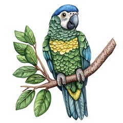 Wall Mural - Watercolor Illustration of a Blue-headed Macaw Perched on a Branch