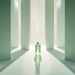 Aufkleber - Minimalist Beauty: A Green Serum Bottle Bathed in Light Amidst Modern Architectural Columns and Serene Shadows