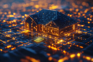 Poster - Glowing Smart Home Model Integrated On Illuminated Circuit Board With Blue Background