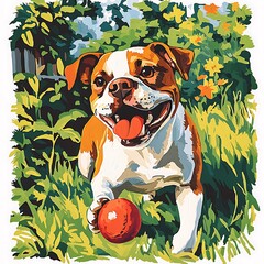 Canvas Print - Joyful Bulldog Playing Fetch in a Garden - Vibrant Oil Painting Style.