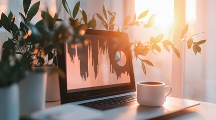 Poster - Cozy Home Office Workspace with Laptop and Plants on Desk in Warm Sunlight