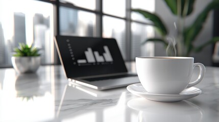 Poster - Productive Office Workspace with Laptop and Cup of Coffee on Desk