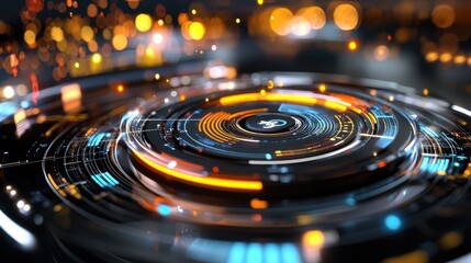 Poster - futuristic holographic interface with glowing circular patterns and radiant waves