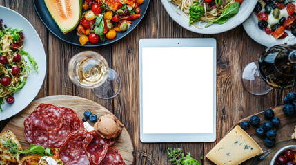 Wall Mural - Gala dinner at an Italian restaurant. Tablet mockup, top view. A table filled with traditional Italian food and a tablet with a white screen. The menu includes a variety of dishes such as pizza, salad