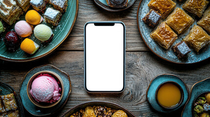 Wall Mural - Turkish sweets are lying next to a modern white-screen phone, top view. Phone mockup. Advertising of a mobile application for ordering oriental sweets at home. The concept of indulgence