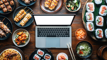 Discounts and promotions for a festive dinner at a Japanese restaurant. Tablet mockup. Website advertising. An open laptop sits on a table with a variety of Asian dishes - sushi and rolls