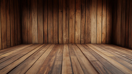 Wall Mural - Rustic wooden interior featuring weathered planks on floor and wall, creating a warm, textural backdrop. The dark corner adds depth.