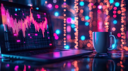 Poster - Laptop and Colorful Neon Lights on Desk with Market Data Chart