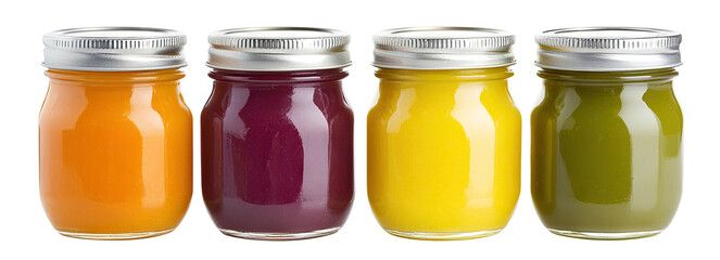 Wall Mural - Set of colorful baby food jars in a row, isolated on a transparent cutout background