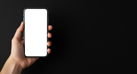 Poster - Smartphone in Hand Mockup on Black Background. Hand holding smartphone with blank white screen in hand on black background