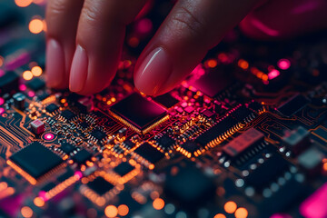 Poster - Human Hand Touching Microchip on Circuit Board with Orange and Pink Lighting