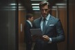 © kura - Businessman using tablet in modern office hallway
