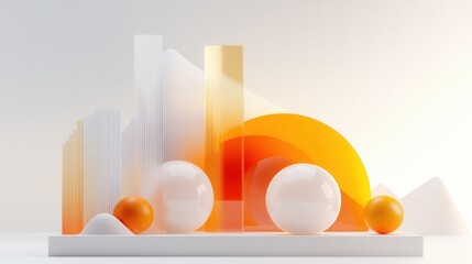 Poster - Geometric Abstract Architectural Composition with Cubes Spheres and Cylinders in Orange Tones