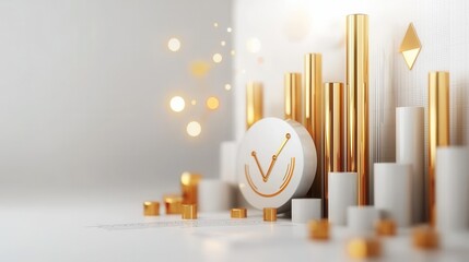 Poster - Golden Geometric Abstract Shapes with Glowing Lights and Reflections in Minimalist Studio Setting