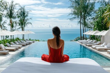 Wall Mural - A woman sitting in the pool at Karon Laimai Beach Resort, Phuket, Thailand, with an infinity swimming pool and palm trees on both sides of it