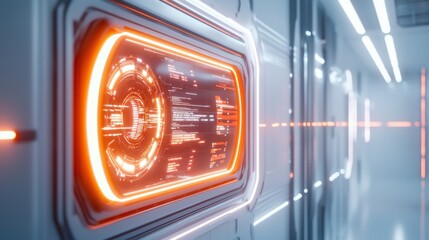 Poster - Futuristic Glowing Geometric Corridor in Digital Sci Fi Architecture Interior