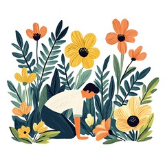 Canvas Print - Man tending to a vibrant garden of flowers.