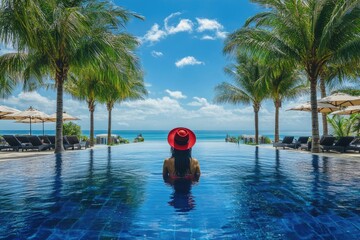 Wall Mural - The most luxurious beach resort in Thailand, with a panoramic view of the pool and palm trees. An extremely beautiful woman, wearing red, sits on top of her luxury hotel bed