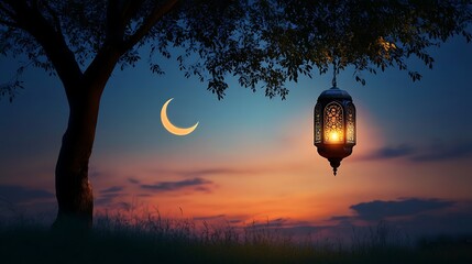 Wall Mural - Serene Ramadan Sunset: Crescent Moon, Lantern, and Tree Silhouette