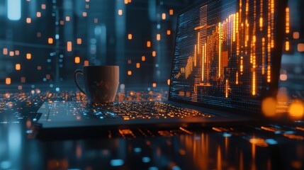 Poster - futuristic financial data analytics dashboard with glowing graphs and charts