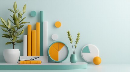 Poster - Minimalist Geometric Decor Composition with Green Plants Spheres and Cylinders on Shelf