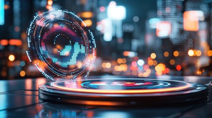 Poster - Futuristic Holographic Sphere Showcasing Digital Innovation and Urban Landscape at Night