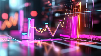 Poster - Dynamic Market Graph with Vibrant Neon Colors Showcasing Financial Data Analytics and Investment Trends