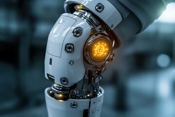 Poster - Captivating close-up of a white robotic arm with intricate mechanisms and glowing orange detail, symbolizing advanced technological innovation and engineering prowess.