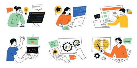 vector illustration set of online education. cartoon flat characters learning online. courses compos