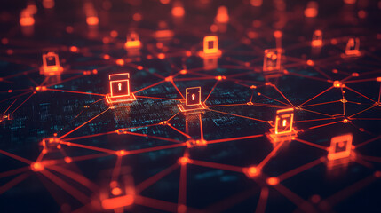 Aufkleber - Digital network with glowing red security icons and interconnected nodes
