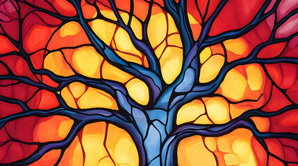 Poster - Colorful stained-glass tree against a vibrant sunset backdrop